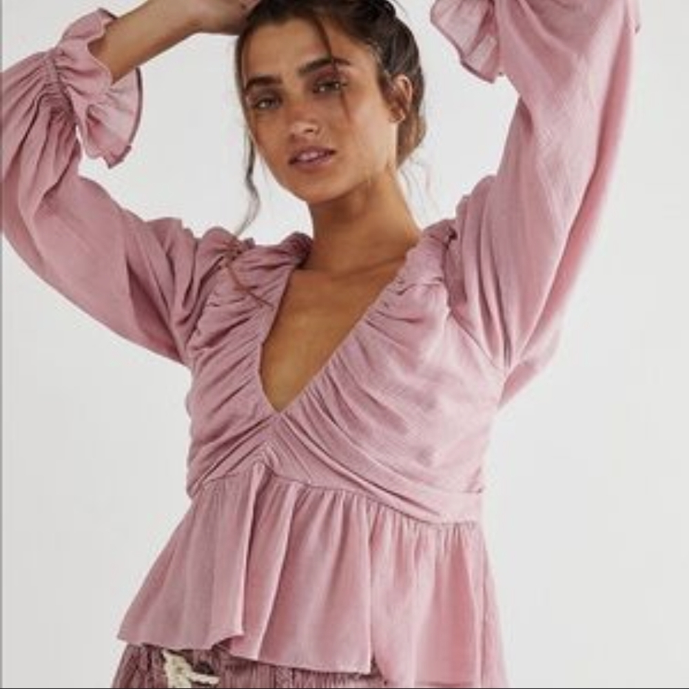 FREE PEOPLE Daia Mountain Flower Dusty Pink Peplum Long Sleeve Blouse Top Medium